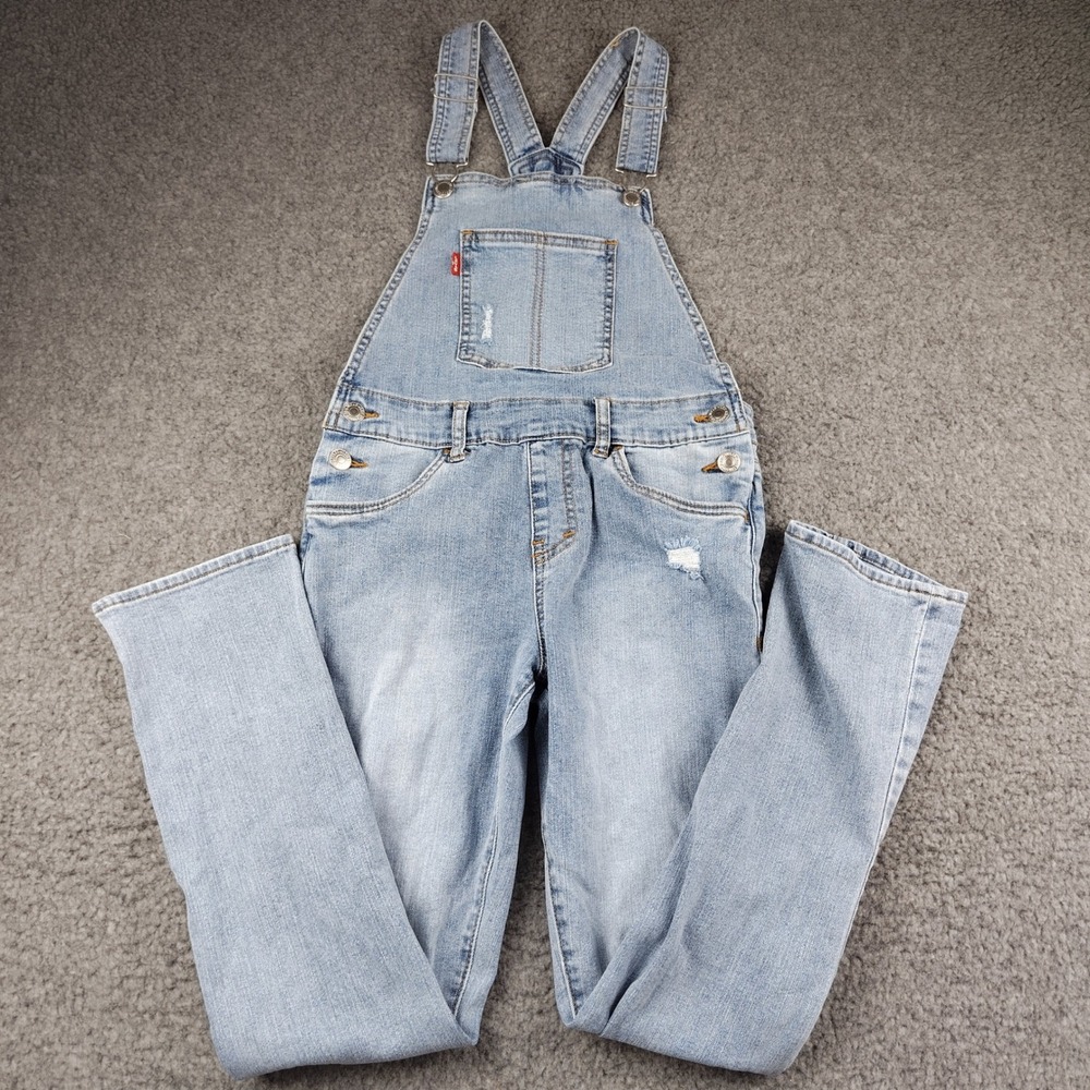 Levis Denim Overalls Light Wash Distressed Bib Straight Leg Jeans Blue Girls 12